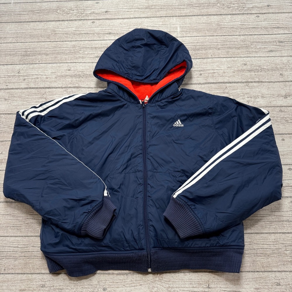 Vintage 90s Adidas Track Jacket Men's XL Navy Blue Fleece Lined Hooded Trefoil